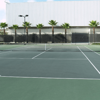 Red de tenis de campo marca Super Pro en cancha de tenis sintética color verde